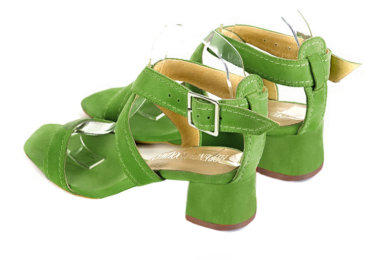 Grass green women's fully open sandals, with crossed straps. Square toe. Low flare heels. Rear view - Florence KOOIJMAN